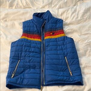 Aviator Nation Blue Quilted Puffer Vest with Red, Yellow & Navy Stripe like new
